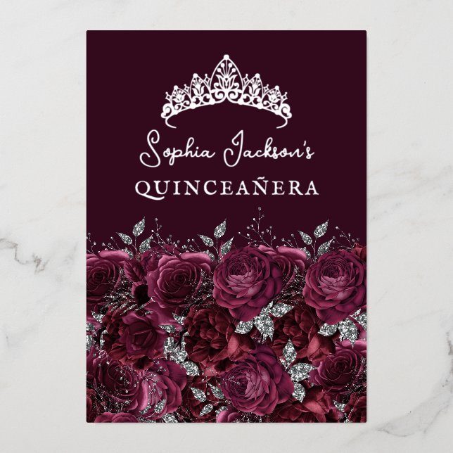 Invitation En Aluminium Rose floral en Bourgogne argenté Quinceanera (Recto)