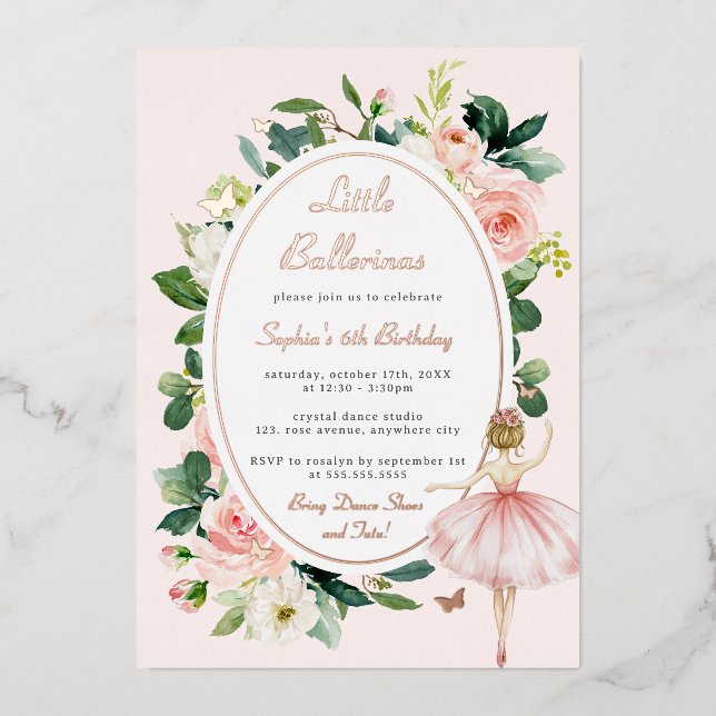 Invitation En Aluminium Rose Floral Gold Ballerina Anniversaire de enfant (Recto)