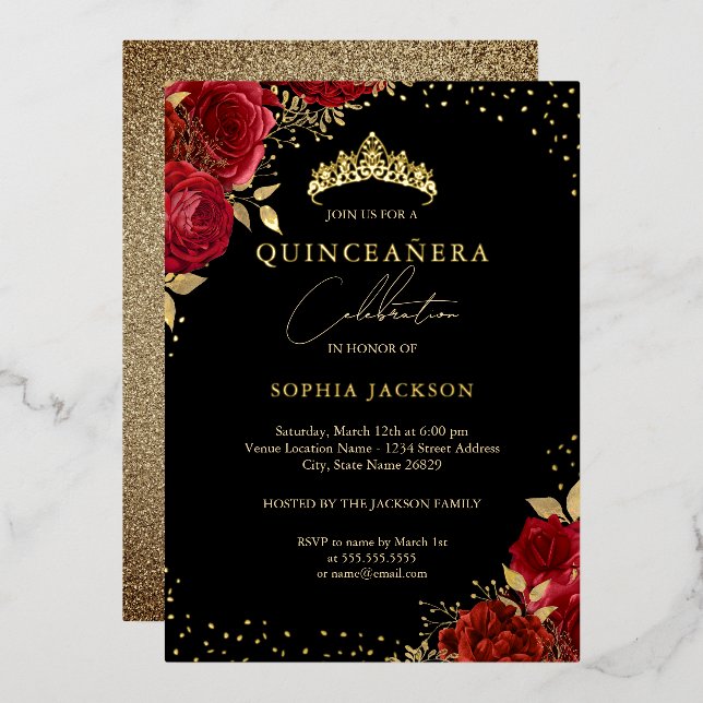 Invitation En Aluminium Rose Floral Rouge Tiara Quinceanera (Recto/Verso)