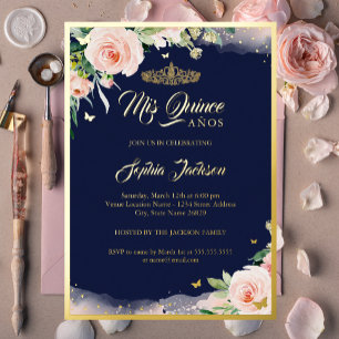 Invitation En Aluminium Rose Florale Navy Quinceanera Anniversaire