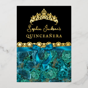 Invitation En Aluminium Rose Florale Or Quinceanera en Turquoise et Or