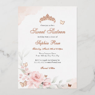 Invitation En Aluminium Rose Florale Papillon Sweet Seize Ans 