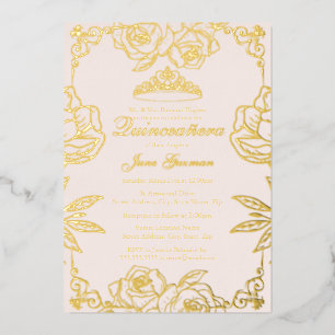 Invitation En Aluminium Rose Garden Quinceanera or rose pêche dorée