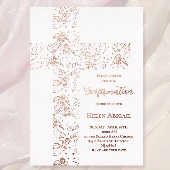 Invitation En Aluminium rose gold angels pattern cross Confirmation (Créateur téléchargé)