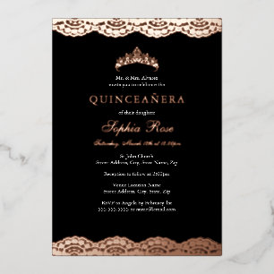 Invitation En Aluminium Rose Gold Black Lace Tiara Quinceanera Foil