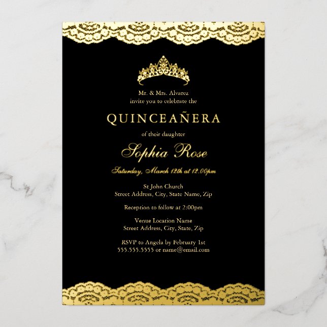 Invitation En Aluminium Rose Gold Black Lace Tiara Quinceanera Foil (Recto)