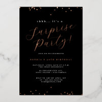 Rose Gold Black Script Confetti Surprise Party