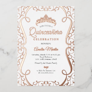 Invitation En Aluminium Rose Gold Blanc Tourbillon Élégant Quinceanera 