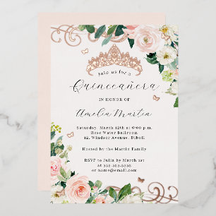 Invitation En Aluminium Rose Gold Blush Floral Tourbillon Quinceanera