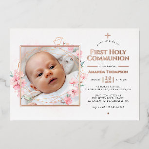 Invitation En Aluminium Rose Gold & Blush Géométrique Floral Première Comm