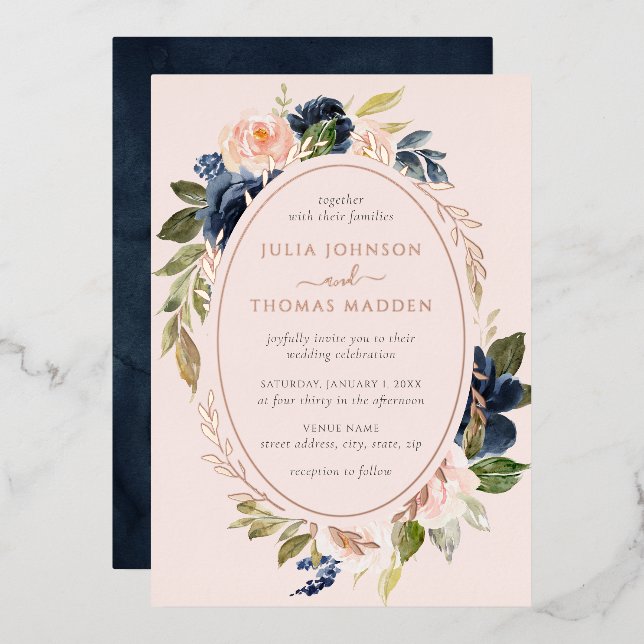 Invitation En Aluminium Rose Gold Blush Marine Mariage Floral Folid (Recto/Verso)