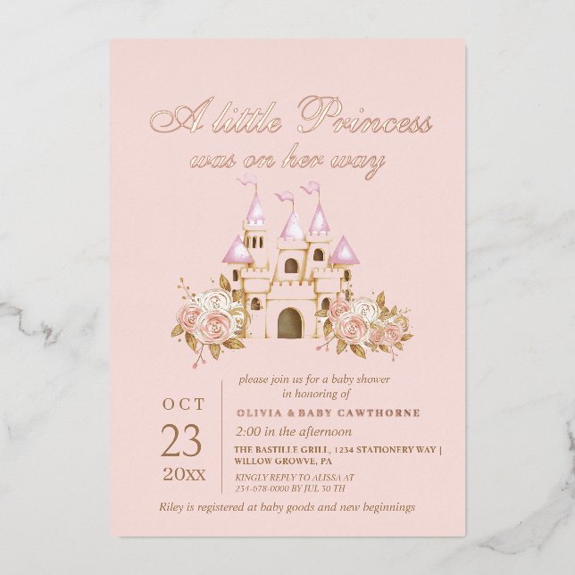 Invitation En Aluminium Rose Gold & Blush Pink Princess Baby shower (Recto)