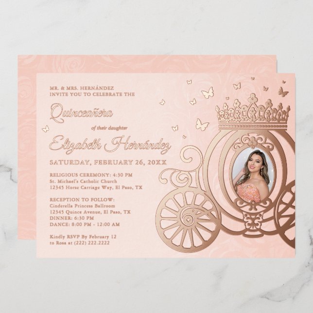 Invitation En Aluminium Rose Gold Blush rose Quinceanera Princesse Photo (Recto/Verso)