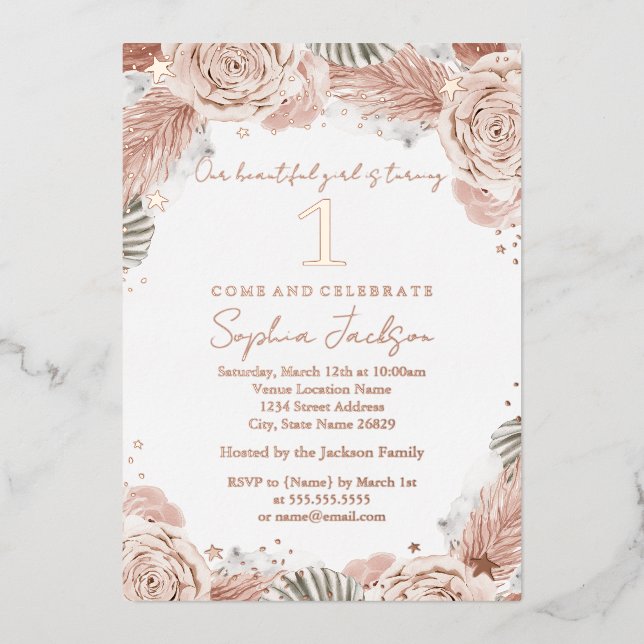 Invitation En Aluminium ROSE GOLD Boho Blush Starfish Plage 1er anniversai (Recto)