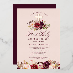 Invitation En Aluminium Rose Gold  Bourgogne Croix Fille Première Communio
