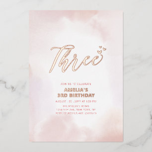 Invitation En Aluminium Rose Gold & Cœur Rose Trois Fille 3ème Anniversair