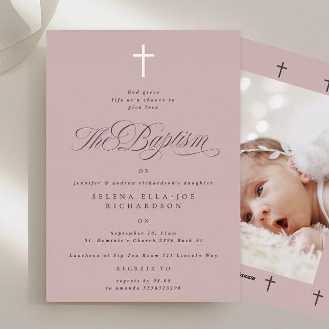 Invitation En Aluminium Rose Gold Cross Mauve Baptême (Créateur téléchargé)