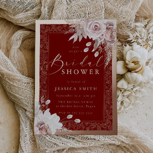 Invitation En Aluminium Rose Gold, Deep Red & Blush Floral Douche de Marié