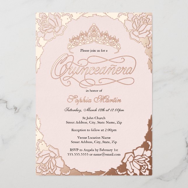 Invitation En Aluminium Rose Gold Élégant Script Quinceanera Anniversaire (Recto)
