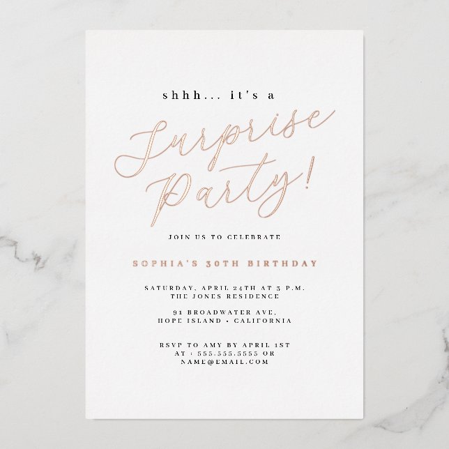 Invitation En Aluminium Rose Gold Elegant Script Surprise Party (Recto)