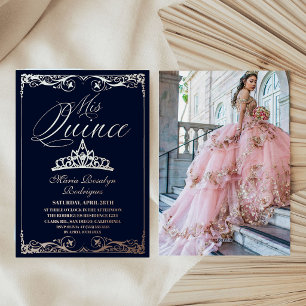 Invitation En Aluminium Rose Gold et Bleu Nuit Élégant Quinceanera  Photo 