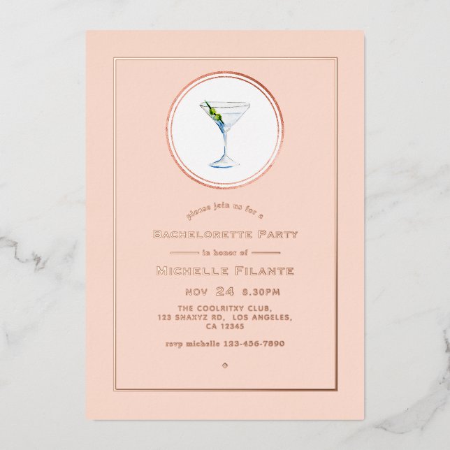 Invitation En Aluminium Rose Gold et Blush Cocktail Bachelorette Party (Recto)