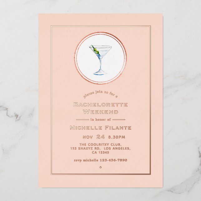 Invitation En Aluminium Rose Gold et Blush Cocktail Bachelorette Week-end (Recto)