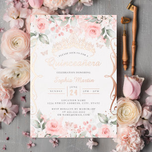Invitation En Aluminium Rose Gold et Rose Pâle Élégants pour Quinceanera 
