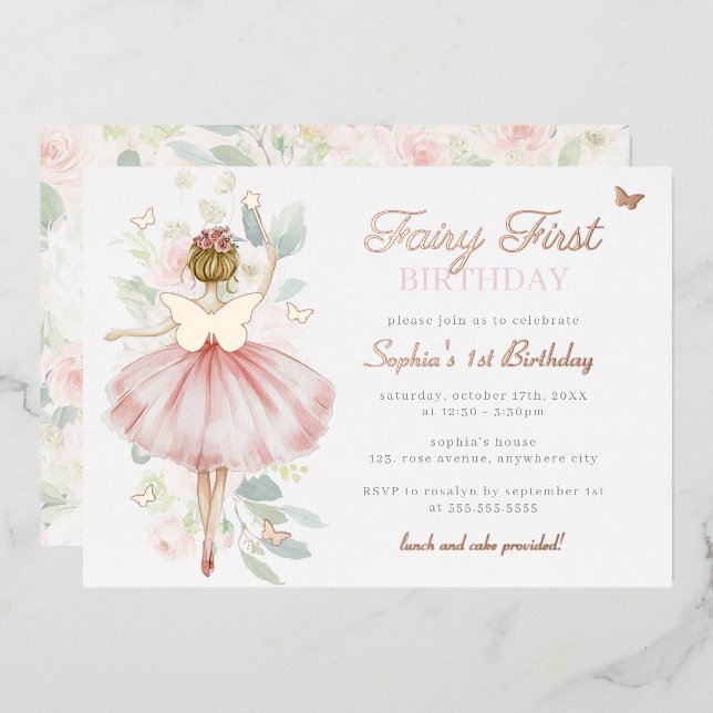 Invitation En Aluminium Rose Gold Fairy Premier 1er Anniversaire Papillon (Recto/Verso)