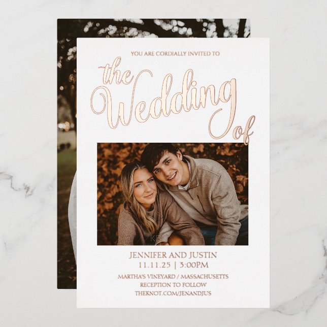 Invitation En Aluminium Rose Gold Feuille Simple 2 Photo Mariage (Recto/Verso)