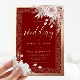 Invitation En Aluminium Rose Gold Feuille Vintage Rouge & Blush Floral Mar