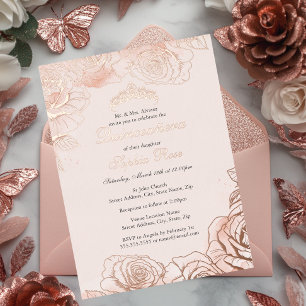 Invitation En Aluminium Rose Gold Fleur de Pêche Rose Quinceanera