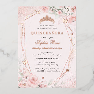 Invitation En Aluminium Rose Gold Floral Blush Rose Papillon Quinceanera