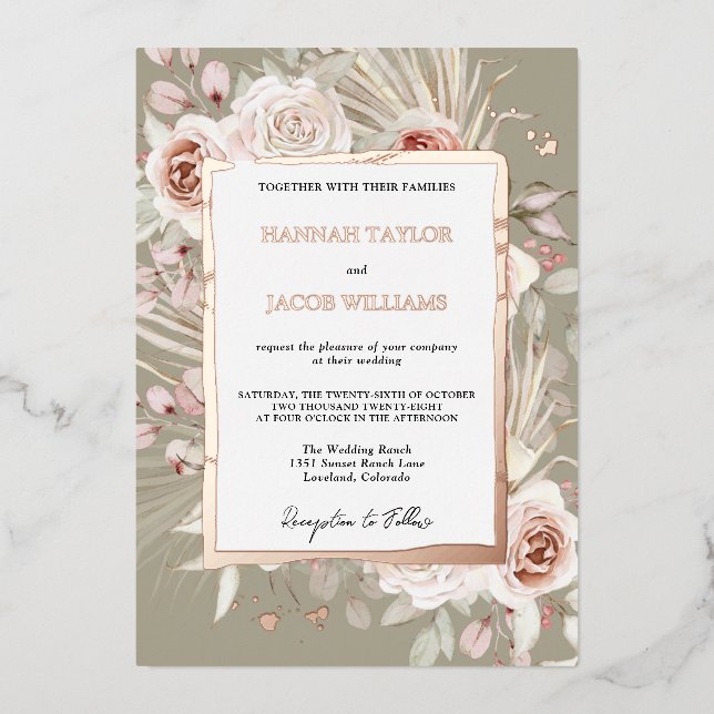 Invitation En Aluminium Rose Gold Floral Boho Sage Mariage vert (Recto)