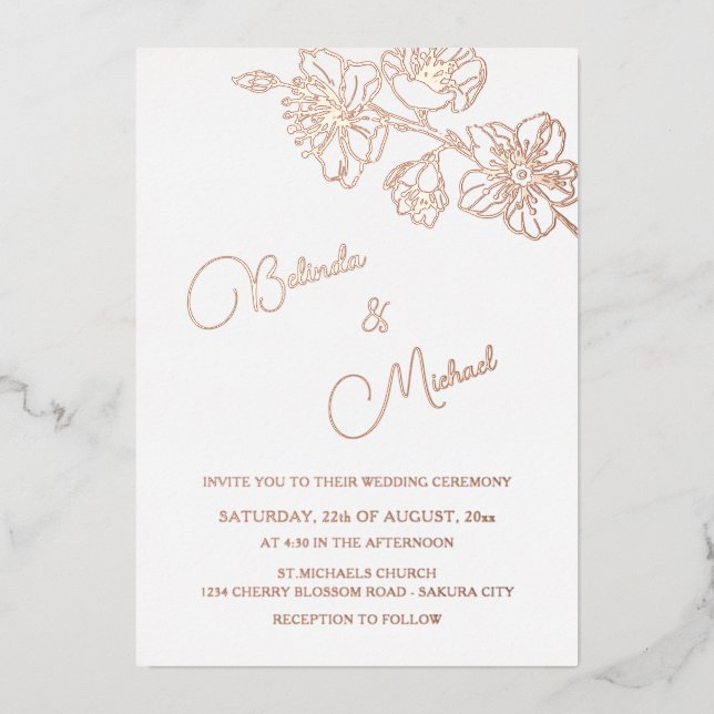 Invitation En Aluminium Rose Gold Floral Line Art | Photo Wedding (Recto)