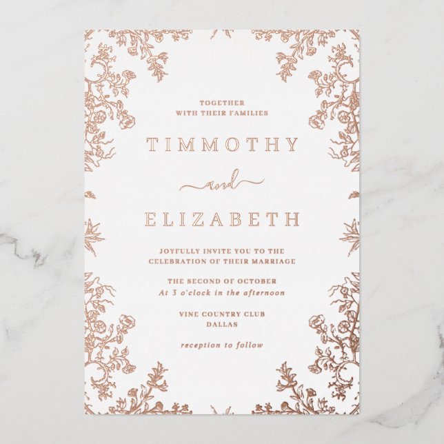 Invitation En Aluminium Rose Gold Floral Mariage élégant (Recto)
