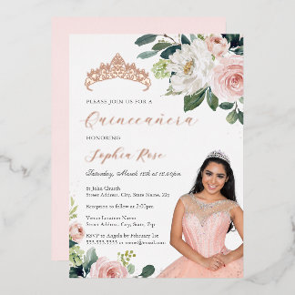 Invitation En Aluminium Rose Gold Floral Photo Quinceanera