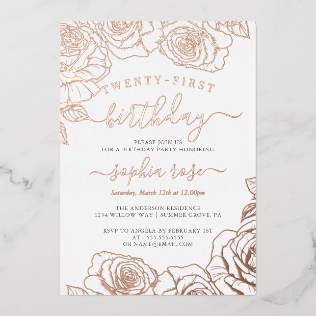 Invitation En Aluminium Rose Gold Foil 21e anniversaire (Recto)