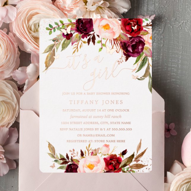 Invitation En Aluminium ROSE GOLD FOIL Blush Burgundy Floral Baby shower (Créateur téléchargé)