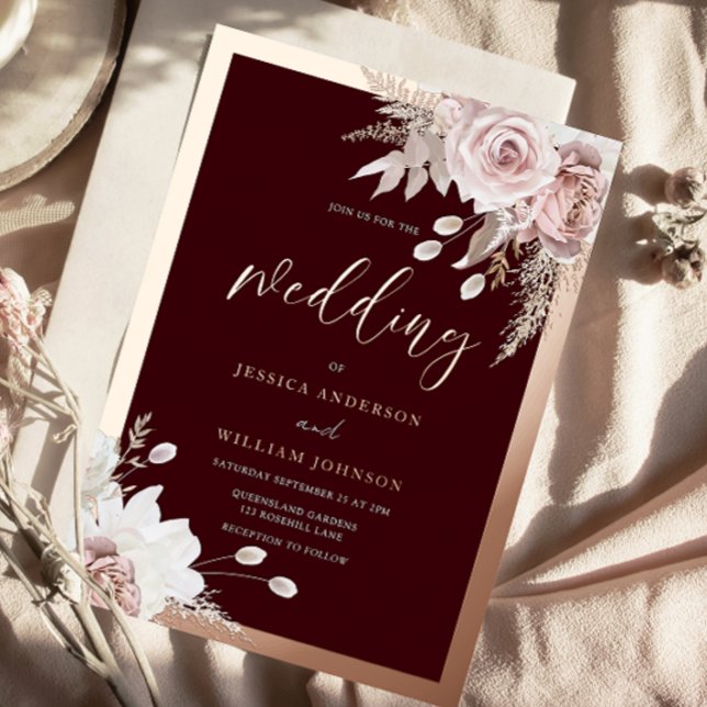 Invitation En Aluminium Rose Gold Foil Burgundy Blush Floral Wedding (Créateur téléchargé)