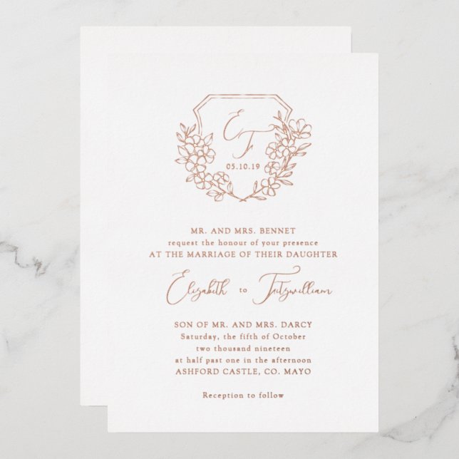 Invitation En Aluminium Rose Gold Foil Cherry Blossom Monogram Crest (Recto/Verso)