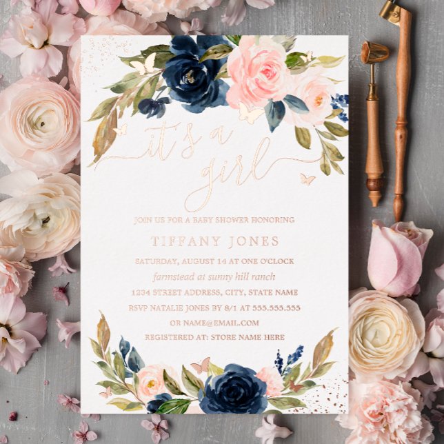 Invitation En Aluminium ROSE GOLD FOIL Marine rose Baby shower floral (Créateur téléchargé)