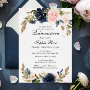 Invitation En Aluminium ROSE GOLD FOIL Rose Navy Floral Quinceanera 