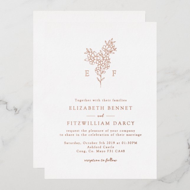 Invitation En Aluminium Rose Gold Foil Simple Cherry Blossom Monogramme (Recto/Verso)