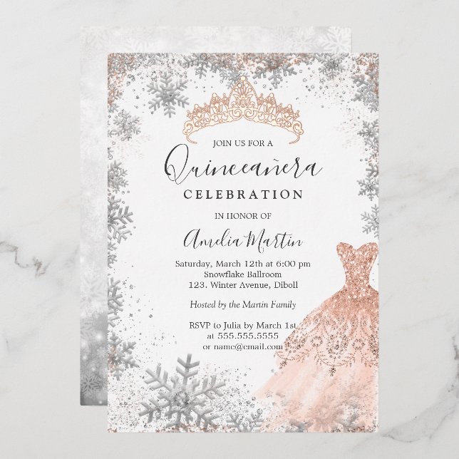 Invitation En Aluminium Rose Gold Hiver Flocon de neige Silver Quinceanera (Recto/Verso)