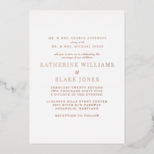 Invitation En Aluminium Rose Gold Les deux parents Mariage (Recto)