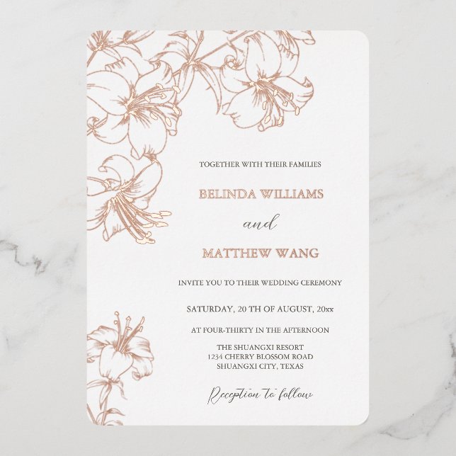 Invitation En Aluminium Rose Gold Line Art Lilies Wedding (Recto)
