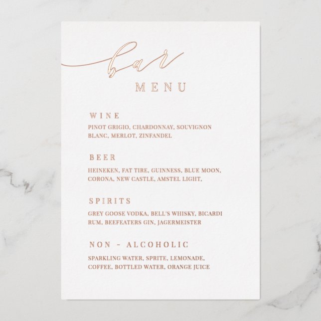 Invitation En Aluminium Rose Gold Mariage Bar Menu Table de réception Pann (Recto)