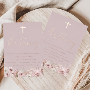 Invitation En Aluminium Rose Gold Mauve Fille Rose Bébé Christening
