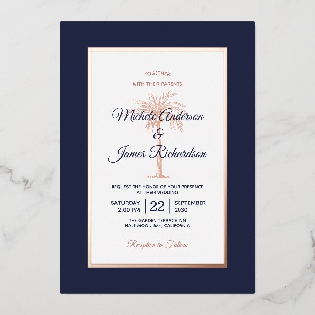 Invitation En Aluminium Rose Gold Navy Blue Palm Tree Beach Mariage (Recto)